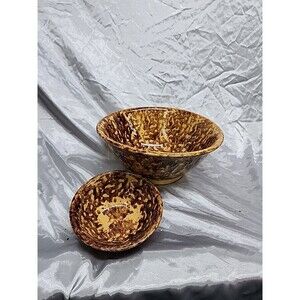 Antique Spongeware Brown  & Yellow 2 Bowl Set #168 Mixing Bowls Mid-19th Century